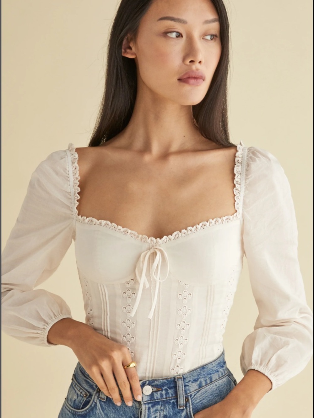 Reformation Cream Eyelet Corset Blouse with Puff Sleeves